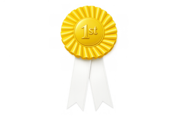 Gold 1st place award ribbon representing success, victory, achievement, and top quality on a transparent background