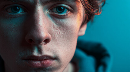 A close-up portrait of a young man with a contemplative expression on his face