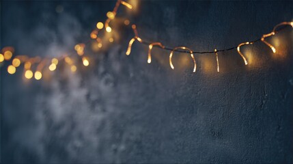 Fairy lights are strung across a textured dark wall, providing a warm glow in a cozy space. The lights create a welcoming environment for gatherings at night