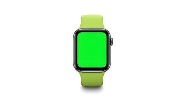Smartwatch with green screen isolated on white background, wearable technology mockup ideal for app interface, UI design, and advertising use.