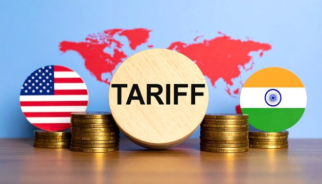 The image depicts a wooden block labeled tariff alongside the flags of the united states india and a world map background