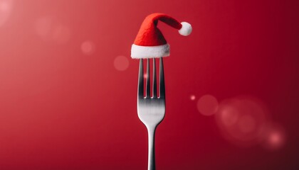 A whimsical image depicts a red santa hat perched playfully atop a gleaming silver fork against a blurry red background