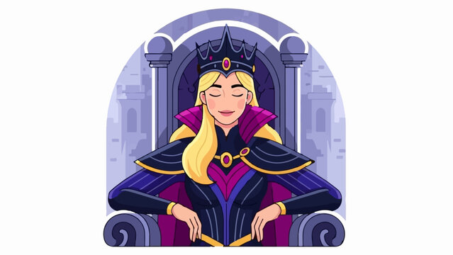 A queen with blonde hair and a crown sits on her throne, eyes closed in contentment