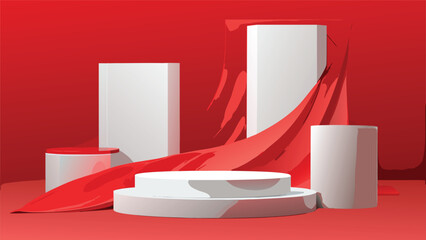 Red curtain draped within a white frame, set against a plain white background..eps