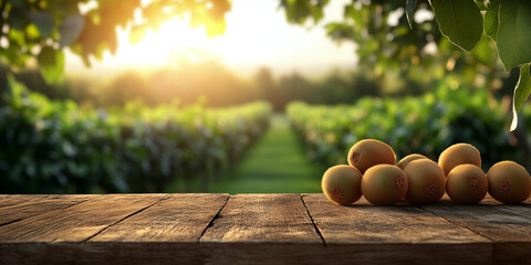 Fresh kiwi on rustic wooden table, kiwi orchard background glowing under warm morning sunlight, perfect for food advertising, wellness branding, organic product packaging