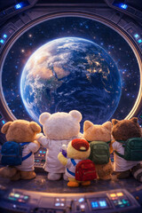 Plush animal explorers gaze at Earth through a spaceship window, glowing planet and distant stars creating an inspiring space travel scene filled with wonder, teamwork and cosmic discovery.