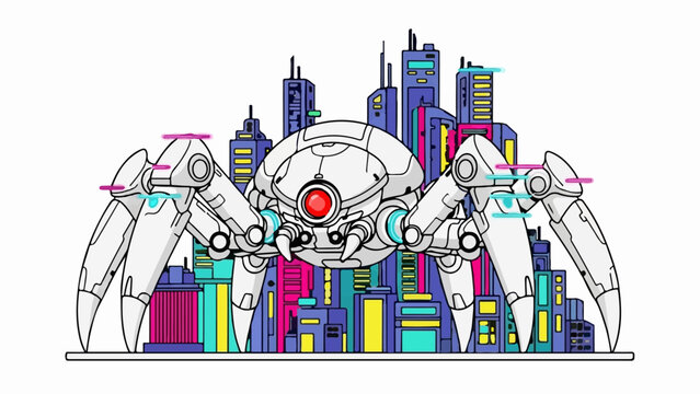 A large, white, multi-legged robot with a red eye stands in front of a colorful, abstract city skyline