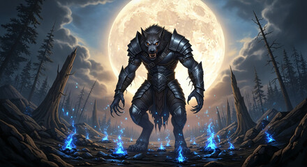 Illustration of armored werewolf in barren landscape under full moon, representing supernatural power and fantasy, suitable for dark themed concept