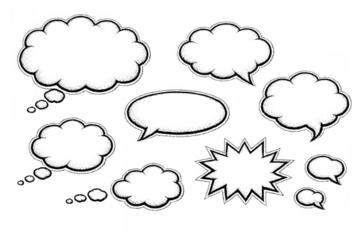 Comic speech bubbles and thought clouds set, retro communication elements with halftone effect on transparent background