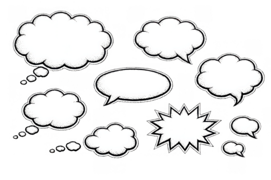 Comic speech bubbles and thought clouds set, retro communication elements with halftone effect on transparent background - Powered by Adobe