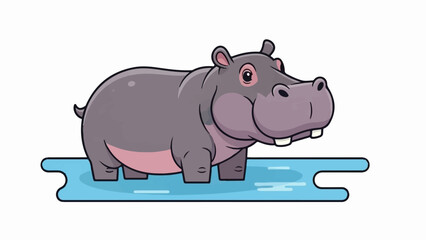 Obraz premium A cute cartoon hippopotamus stands partially submerged in bright blue water against a white background