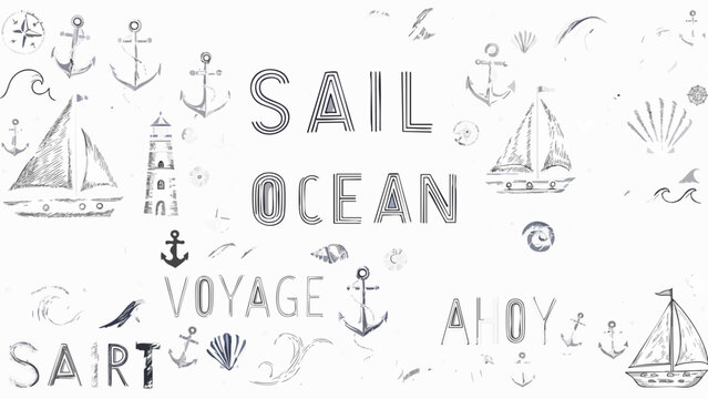 Nautical vector illustrations with sailboat, lighthouse, anchors, waves, and shells, creating a charming maritime theme for design projects. Maritime vector artwork with sailboat, lighthouse, anchors