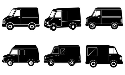 Fototapeta premium Six Black Delivery Trucks Silhouettes on White Background