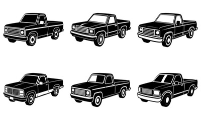 Obraz premium Six Black and White Pickup Truck Silhouettes on White Background