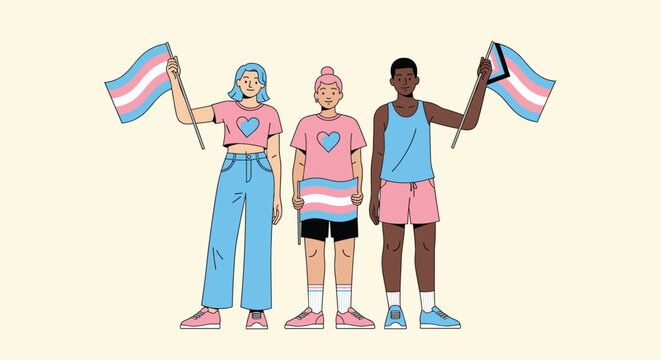 Group of diverse friends holding transgender pride flags celebrating equality support awareness and LGBTQ community inclusion illustration
