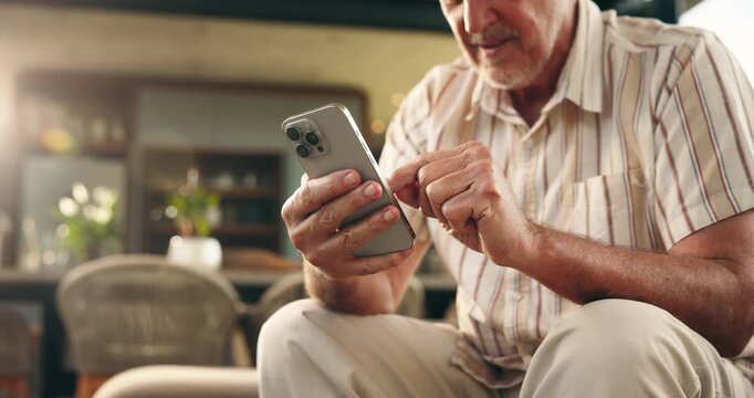 Hands, old man and relax with phone at house for browsing website, social media and message update. Smile, senior person and mobile app for reading blog, download games and notification for texting