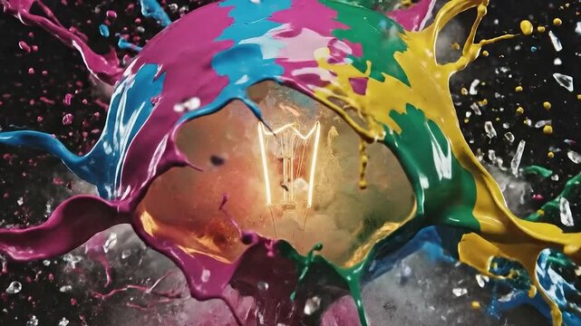 Abstract Lightbulb Exploding with Colorful Paint for Creative Idea Concept.