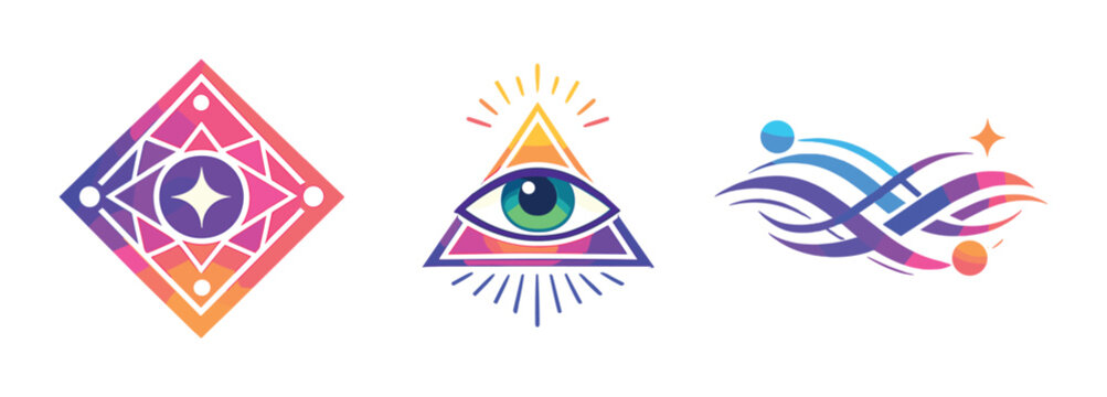 Colorful geometric symbols and illuminati eye on gradient background