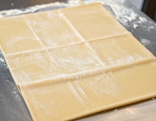 Homemade pasta dough sheet marked for cutting, ready for cooking