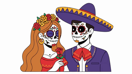 A couple dressed in traditional Dia de Muertos attire, adorned with sugar skull face paint