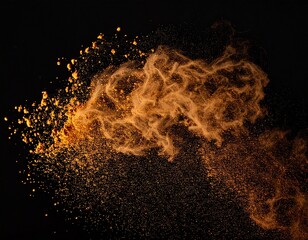 Golden powder explosion and clouds on black background, abstract motion