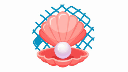 A coral seashell cradles a lustrous pearl, with a blue net in the background