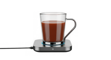 Glass cup of hot beverage on electric mug warmer isolated on transparent background