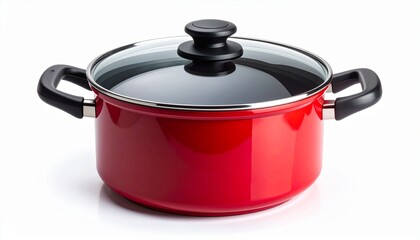 Red Enamel Dutch Oven Stockpot with Tempered Glass Lid and Black Side Handles, Isolated on White Background