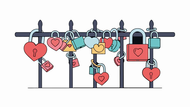 A fence adorned with numerous heart-shaped and rectangular padlocks in various colors