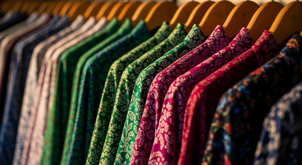 Row of patterned shirts hanging on wooden hangers, creating colorful array, symbolizing choice and style, suited for fashion and retail concepts