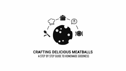 Fototapeta premium A graphic illustration depicts a central meatball surrounded by cooking icons, text highlights the recipe