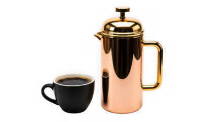 Luxury gold french press with coffee cup isolated on transparent background