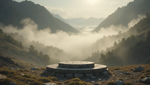Majestic mountain valley with a circular stone platform, bathed in soft morning light and ethereal mist - Powered by Adobe