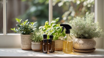 Medium shot of natural pest deterrents like essential oils and plants placed on a windowsill showcasing organic methods safe for pets and children.