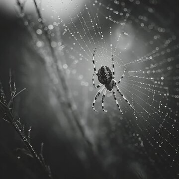 Macro shot of a spider on a dew-covered web in black and white