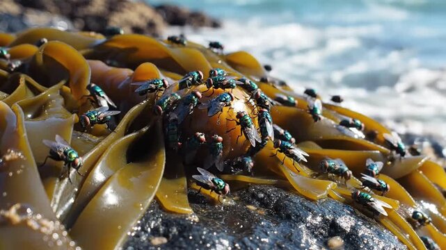 Close-up of numerous flies feasting on a rotting orange fruit nestled amongst seaweed at the ocean's edge