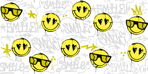 Simple Seamless Abstract Street Art Graffiti Style Happy Smiling Faces Background Template © Anton Kustsinski