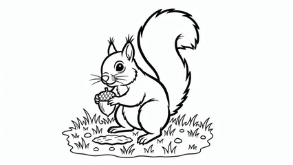 Naklejka premium A cute squirrel sits on grass holding a ripe acorn.