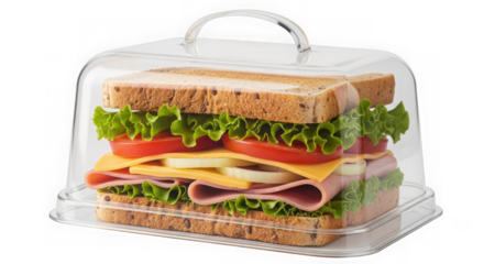 Sandwich in plastic food container isolated on transparent background