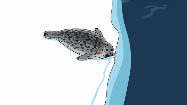 A grey seal with dark spots rests on an ice floe near deep blue water