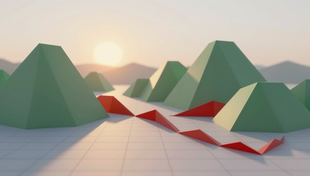 Abstract geometric landscape with green pyramids and red chart line under soft sun