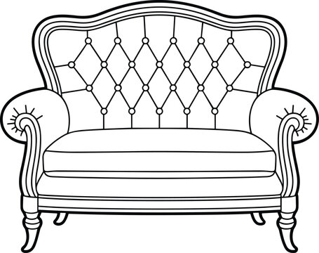 Elegant classic tufted sofa with curved arms detailed black and white outline illustration vintage living room furniture design