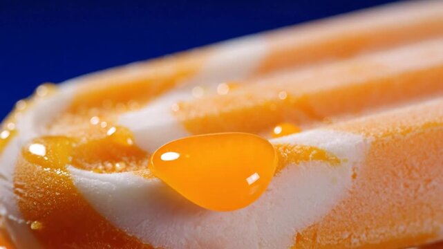 Close-up of a refreshing orange and white striped popsicle melting on a blue background