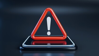 A vibrant red triangular warning sign with a white exclamation point is prominently displayed on a reflective surface
