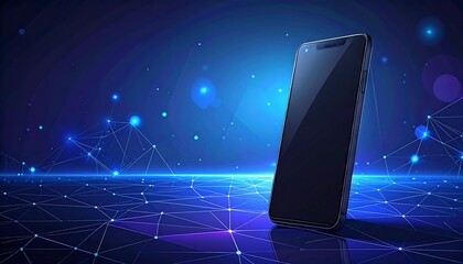 A sleek black smartphone is prominently displayed against a futuristic backdrop of glowing blue networks and connections suggesting technology