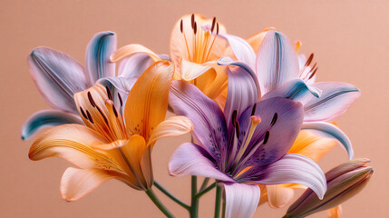 Fototapeta premium A close-up view of vibrant lilies with purple and orange petals.