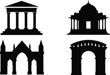 Fototapeta premium Historic landmark architecture silhouettes set featuring classical temple dome pavilion gothic church and triumphal arch black vector icons