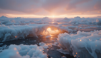 Stunning Arctic sunset with melting icebergs in frozen landscape