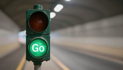 Close up of a green traffic light displaying the word Go in a tunnel green light