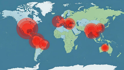 Global Outbreak Map with Red Heat Circles Over Continents